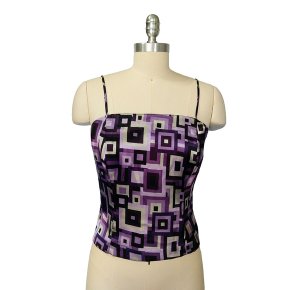 Vintage 90s Sleeveless Top Size S Purple Satin Geo Print Square Neck 1990s - Picture 1 of 6